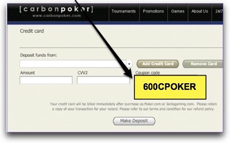 Where to enter the Carbon Poker promotional code.
