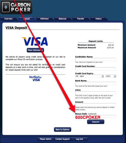 Carbon Poker Bonuscode. After entering the bonuscode complete your deposit